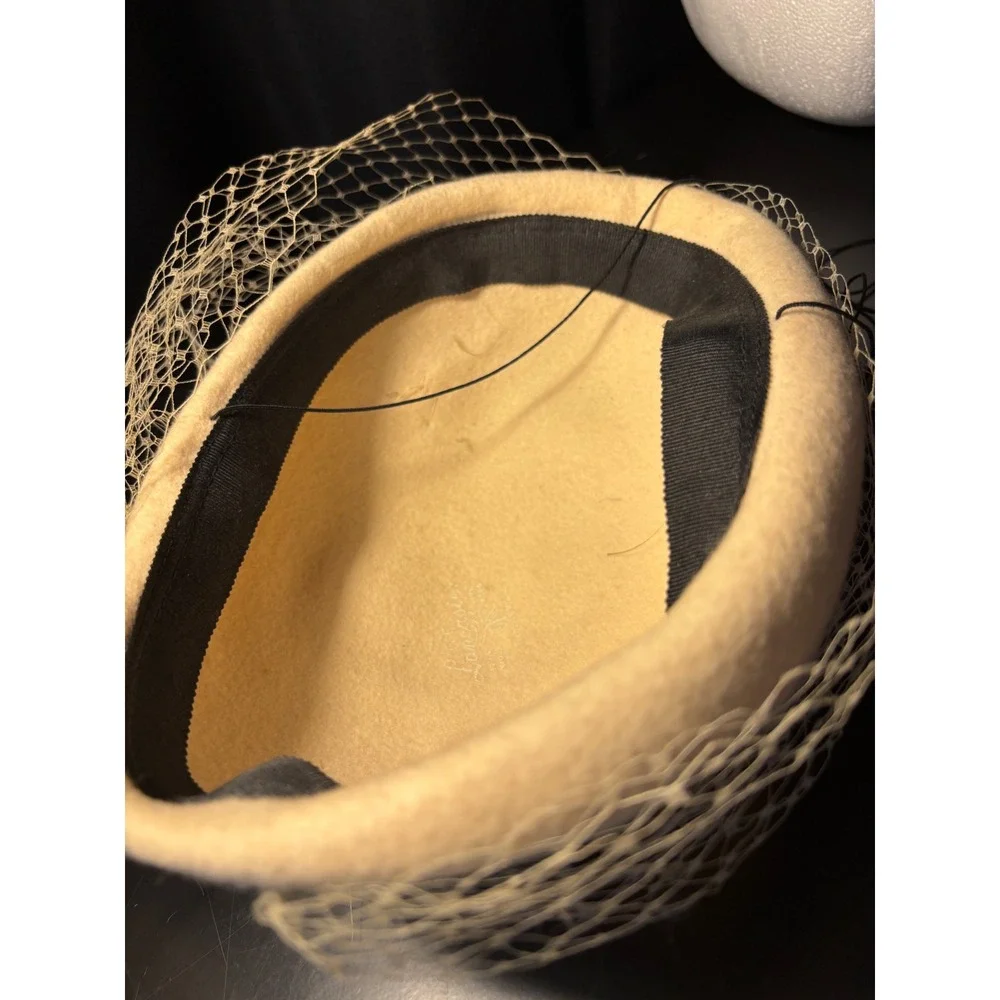 Vintage Cream Wool Felt Pillbox Hat with Veil Bow and Ostrich Feathers Ivory